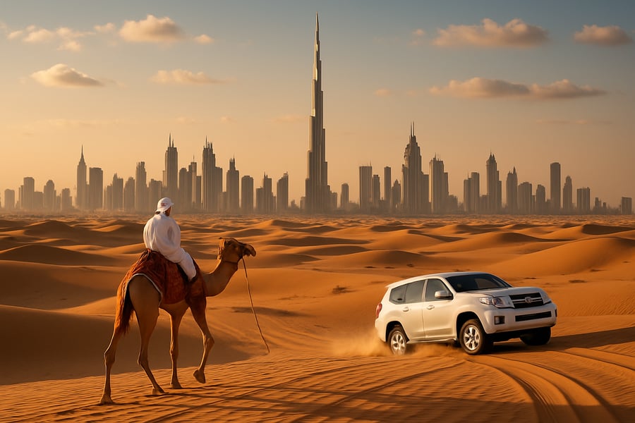Dubai skyline with Burj Khalifa and desert adventure Dubai skyline with Burj Khalifa and desert adventure