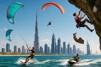 Dubai skyline with adventure activities Dubai skyline with adventure activities